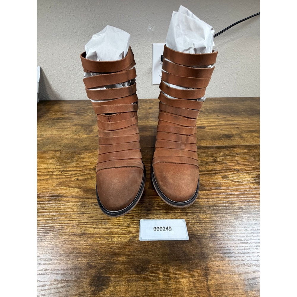 Free People Tan Brown Leather Strappy Cage Ankle Boots Pointed Toe Block Heel 37